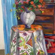 Blue interior with bouquet, oil on canvas signed Gisèle Renaut.