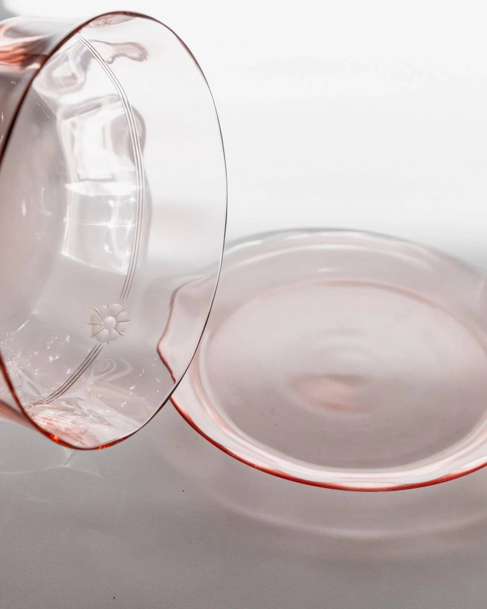 Pink Glass Cloche with Green Finial on Plate – 1930s Italian Vintage Glass Tableware