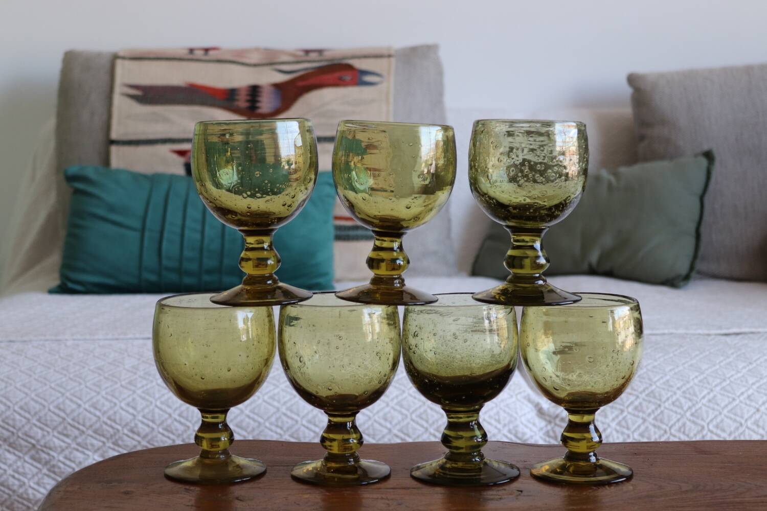 7 green biot stemmed glasses in bubbled glass