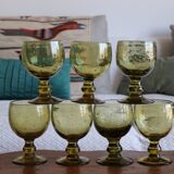 7 green biot stemmed glasses in bubbled glass