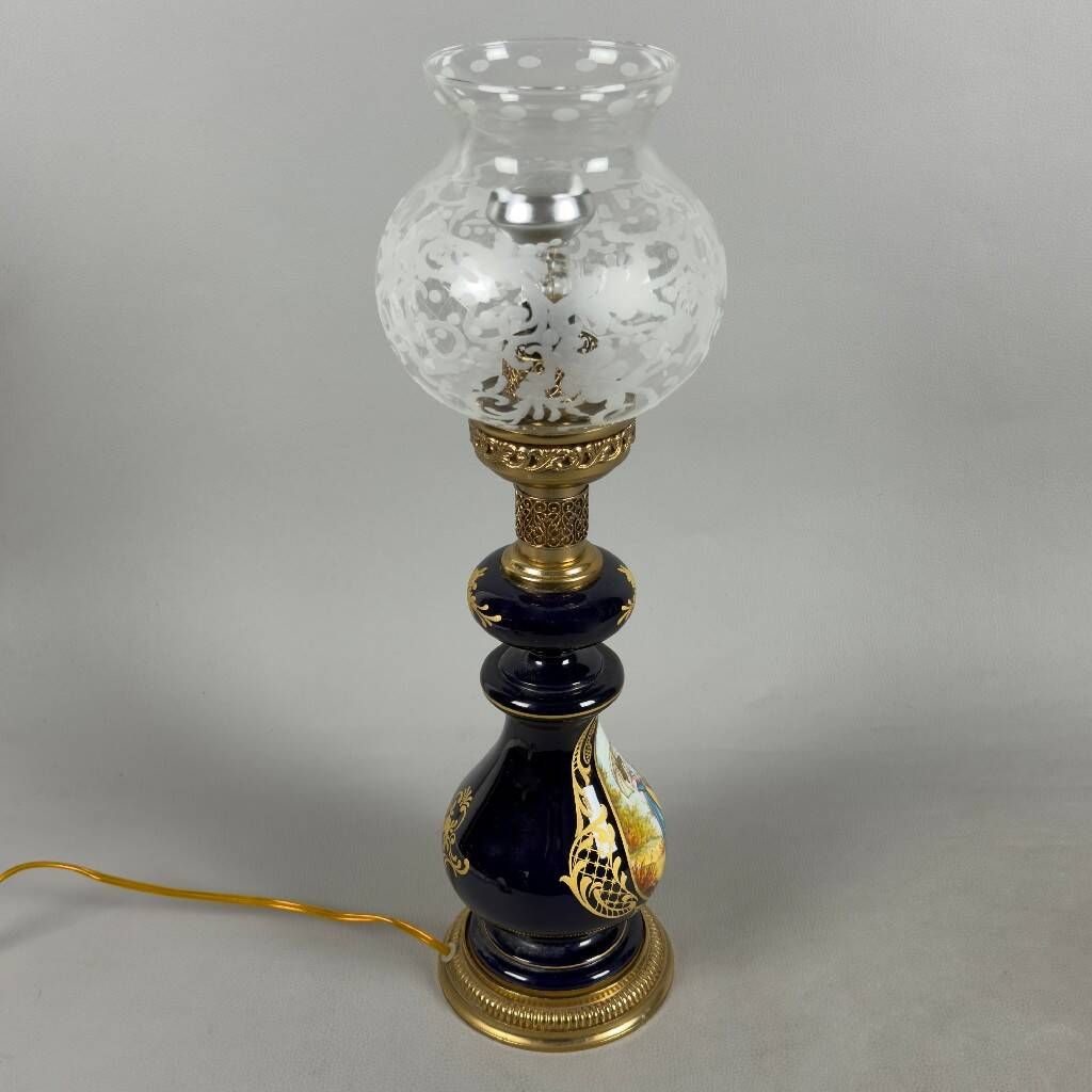 Antique French porcelain table lamp, brass and satin glass, 20th century.