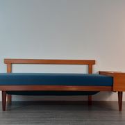 Norwegian daybed sofa in teak and blue fabric, renovated, vintage scandinavian 1960s
