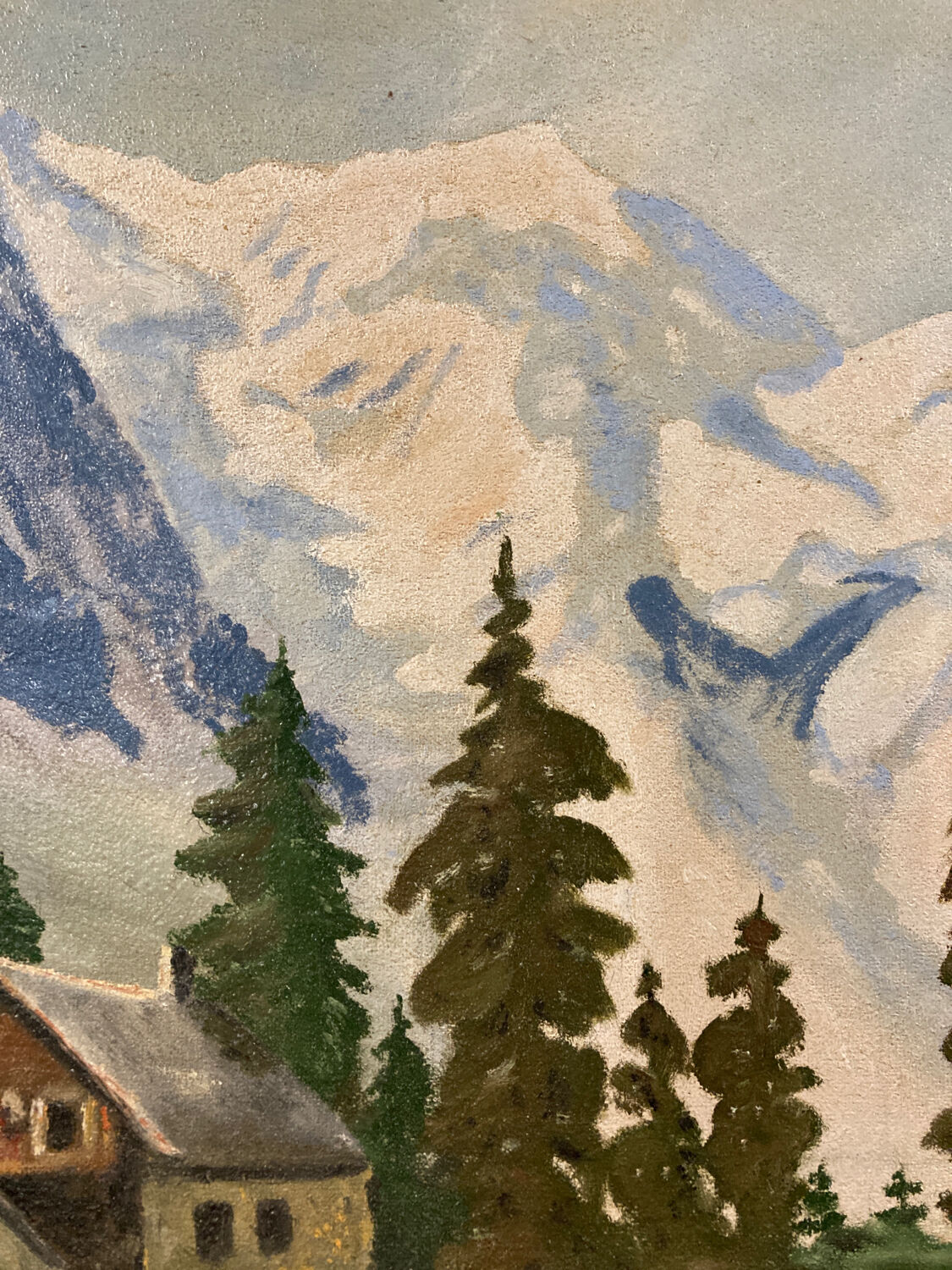 Large chalet mountain landscape oil on panel / old painting