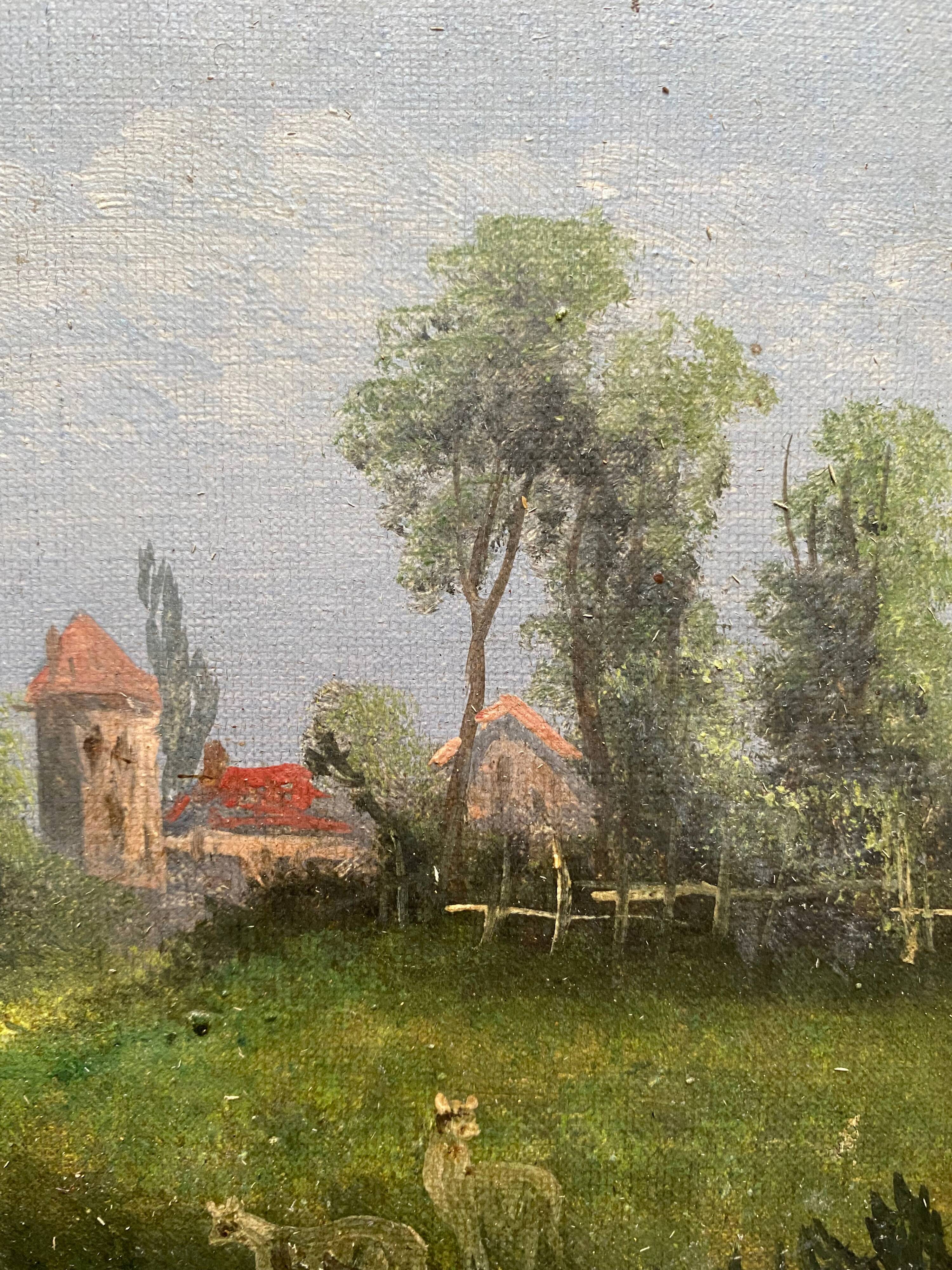 Hst painting "animated landscape at the pond and village" barbizon with nineteenth century frame