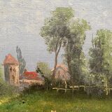 Hst painting "animated landscape at the pond and village" barbizon with nineteenth century frame