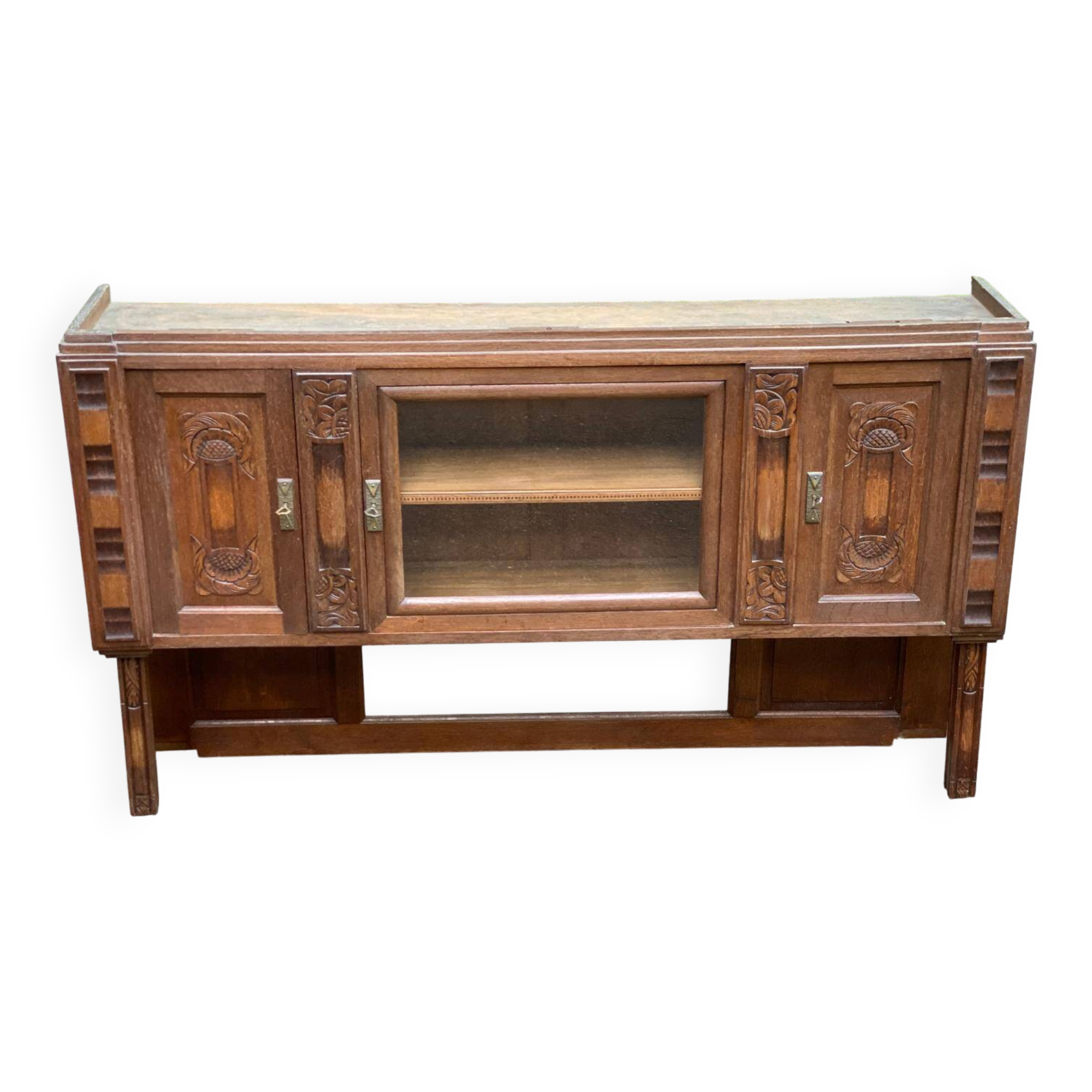 Haut de buffet art déco vitrine basse en bois massif et miroir 1920