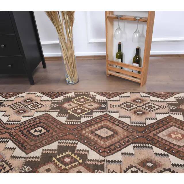 Vintage Turkish Handmade Wool Cotton Brown Kilim Runner 103x424