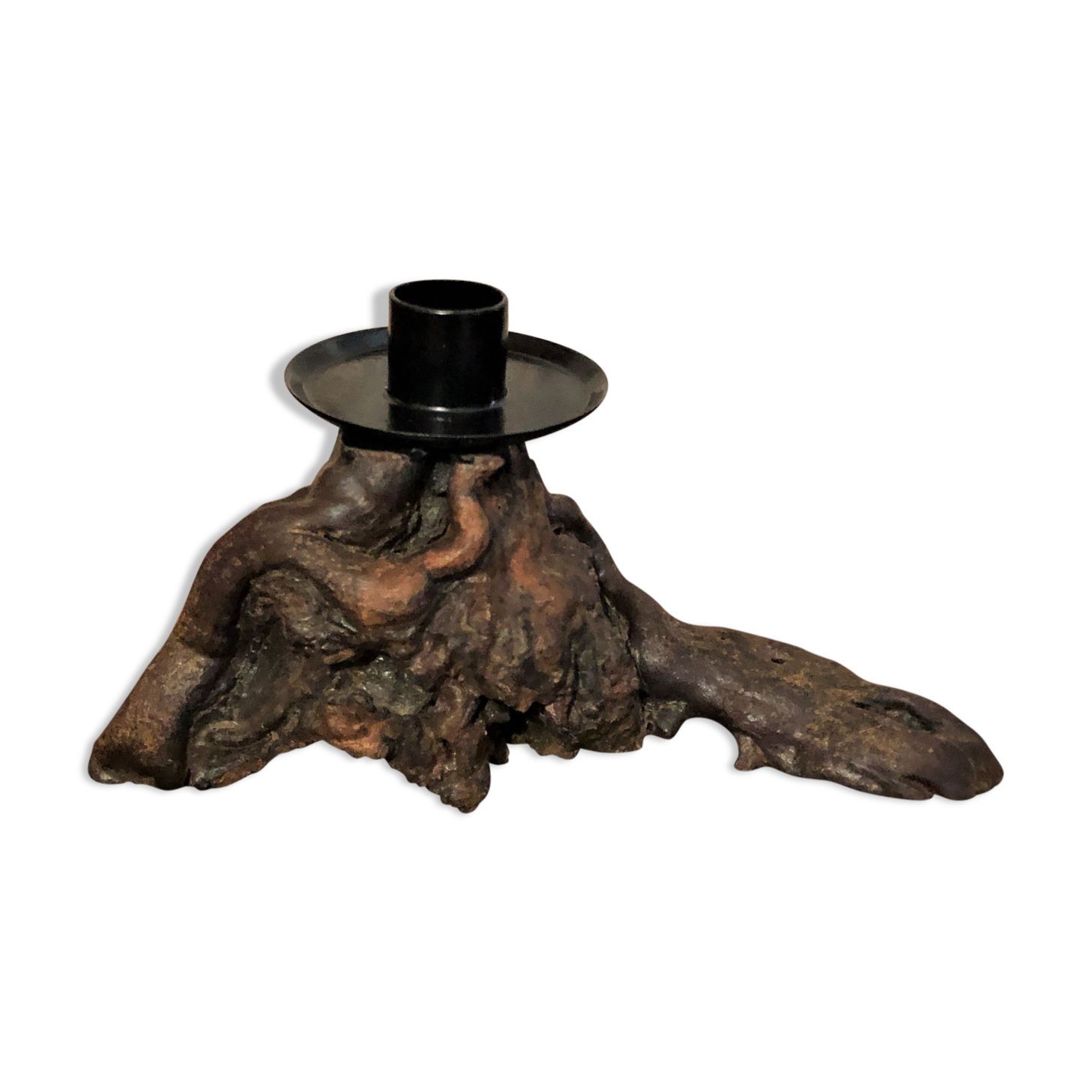 Bougeoir artisanal bois cep de vigne et fer forgé vintage