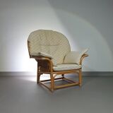 Chaise longue surdimensionnée en rotin/bambou avec coussins d'origine. Années 1970