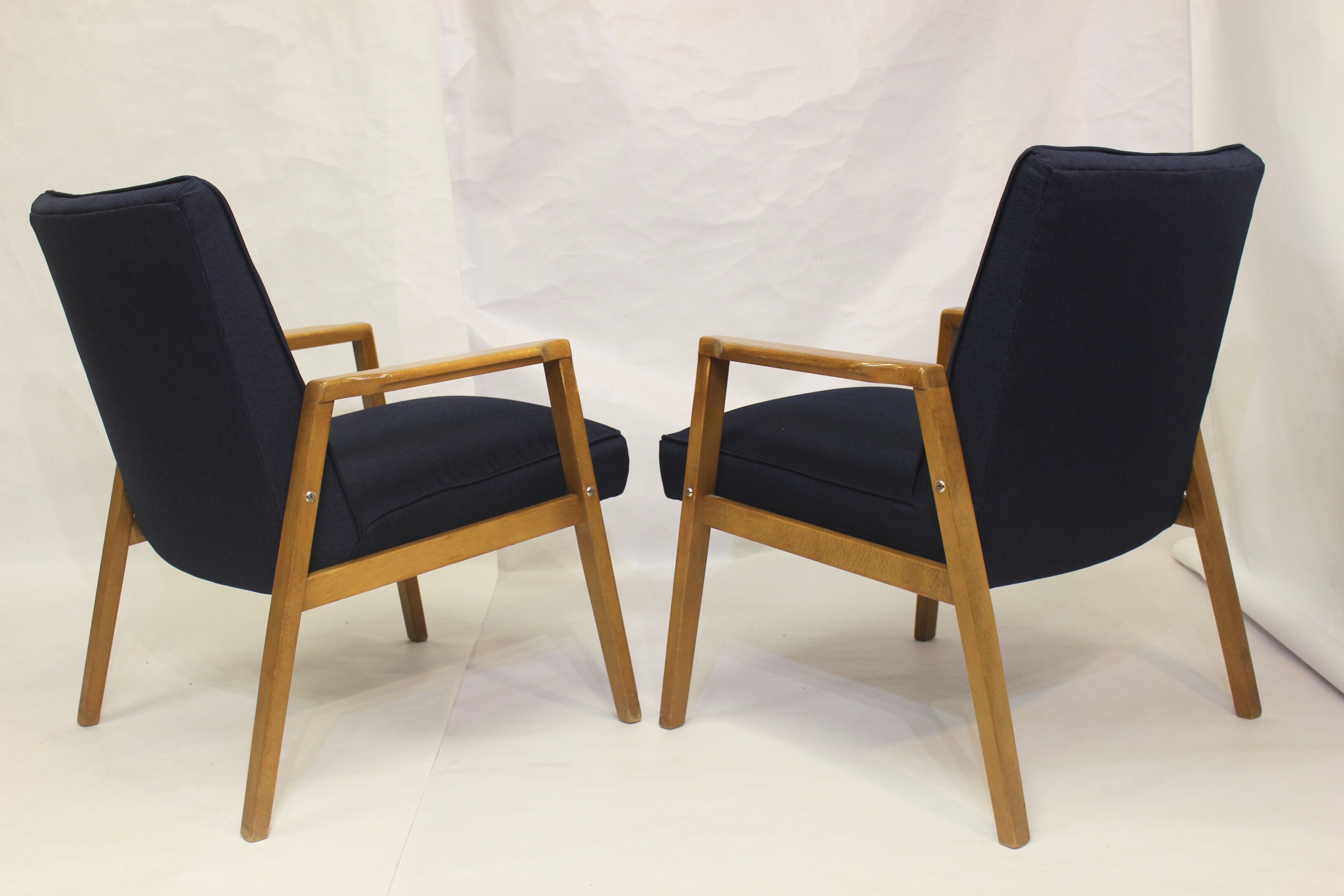 Pair of Scandinavian armchairs 60s restored deep blue gloved fabric.