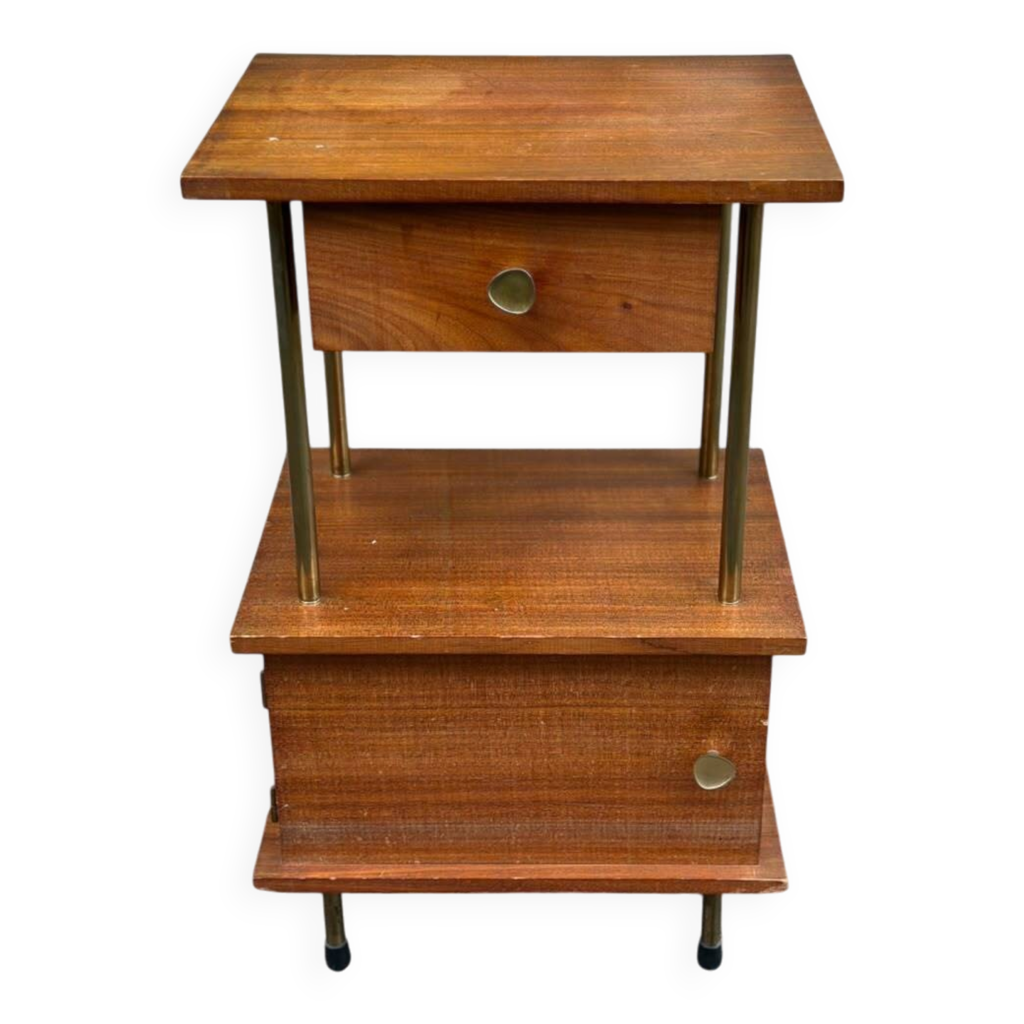 Mid-Century bedside table in solid teak/mahogany with brass, 1960.