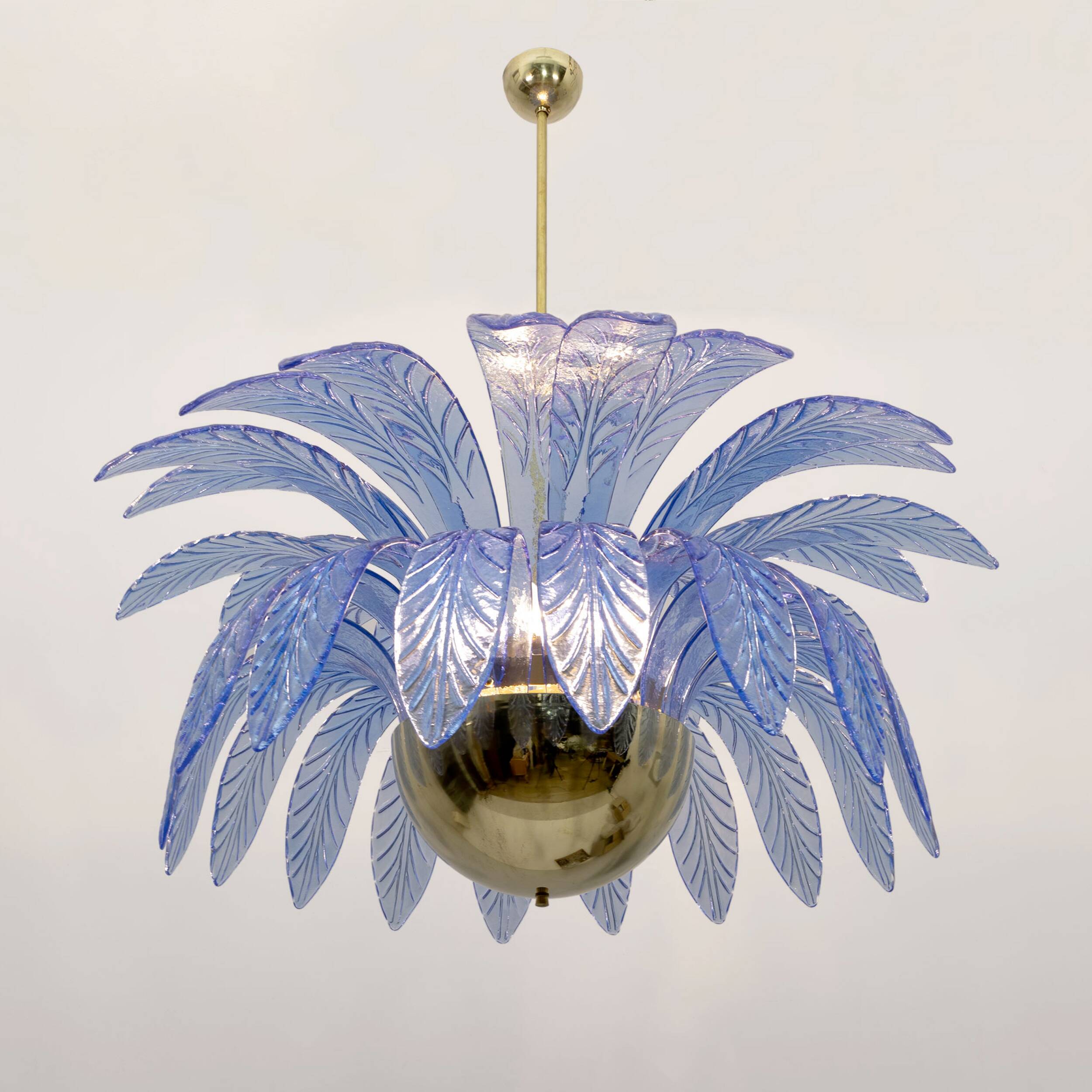 Mid-Century Modern Palm Leaves Big Chandelier Murano Glass and Brass