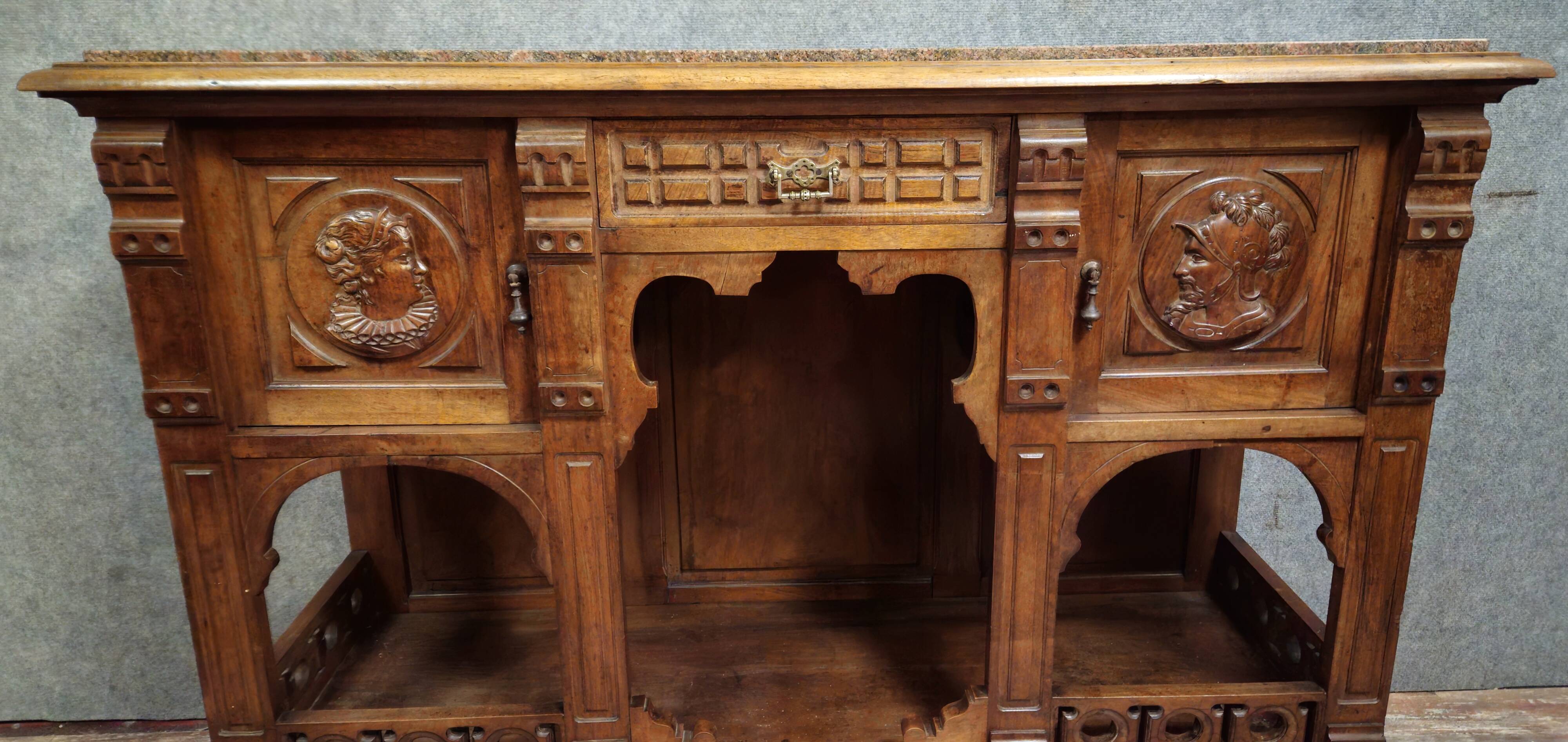 Antique walnut buffet with a marble top – Renaissance style