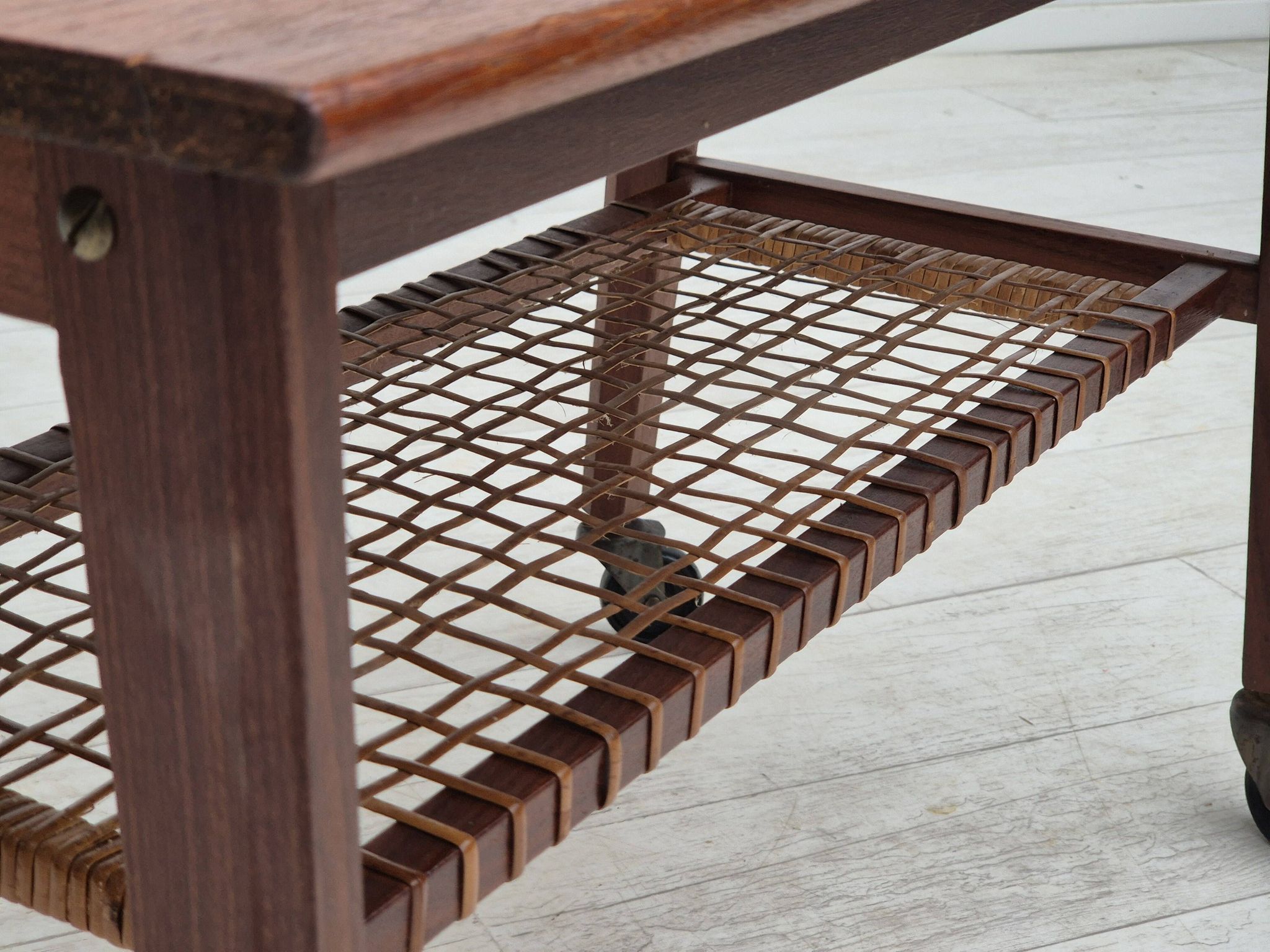 1970s, Danish side table, original very good condition, teak wood, rattan.