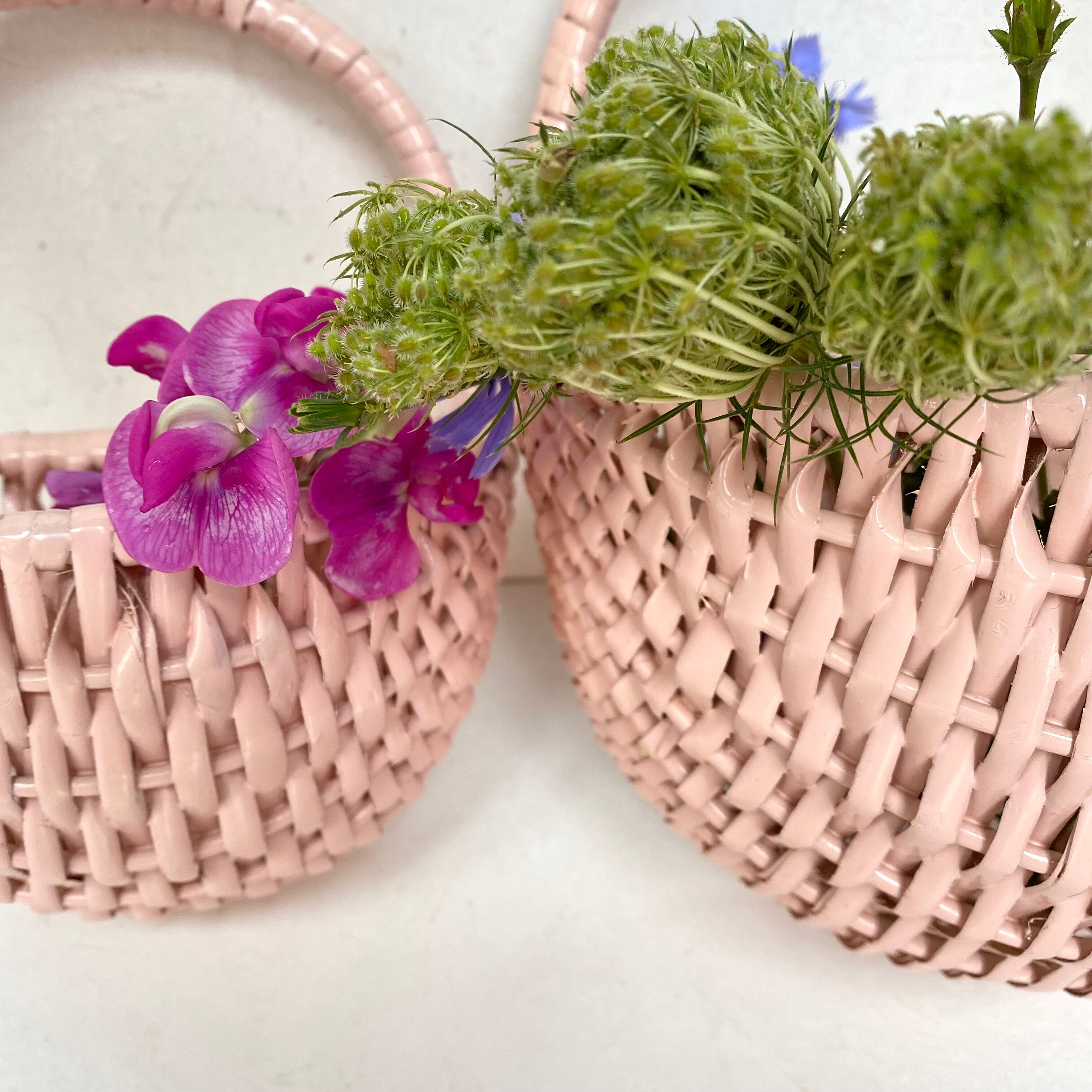 Vintage wall pans in woven wicker
