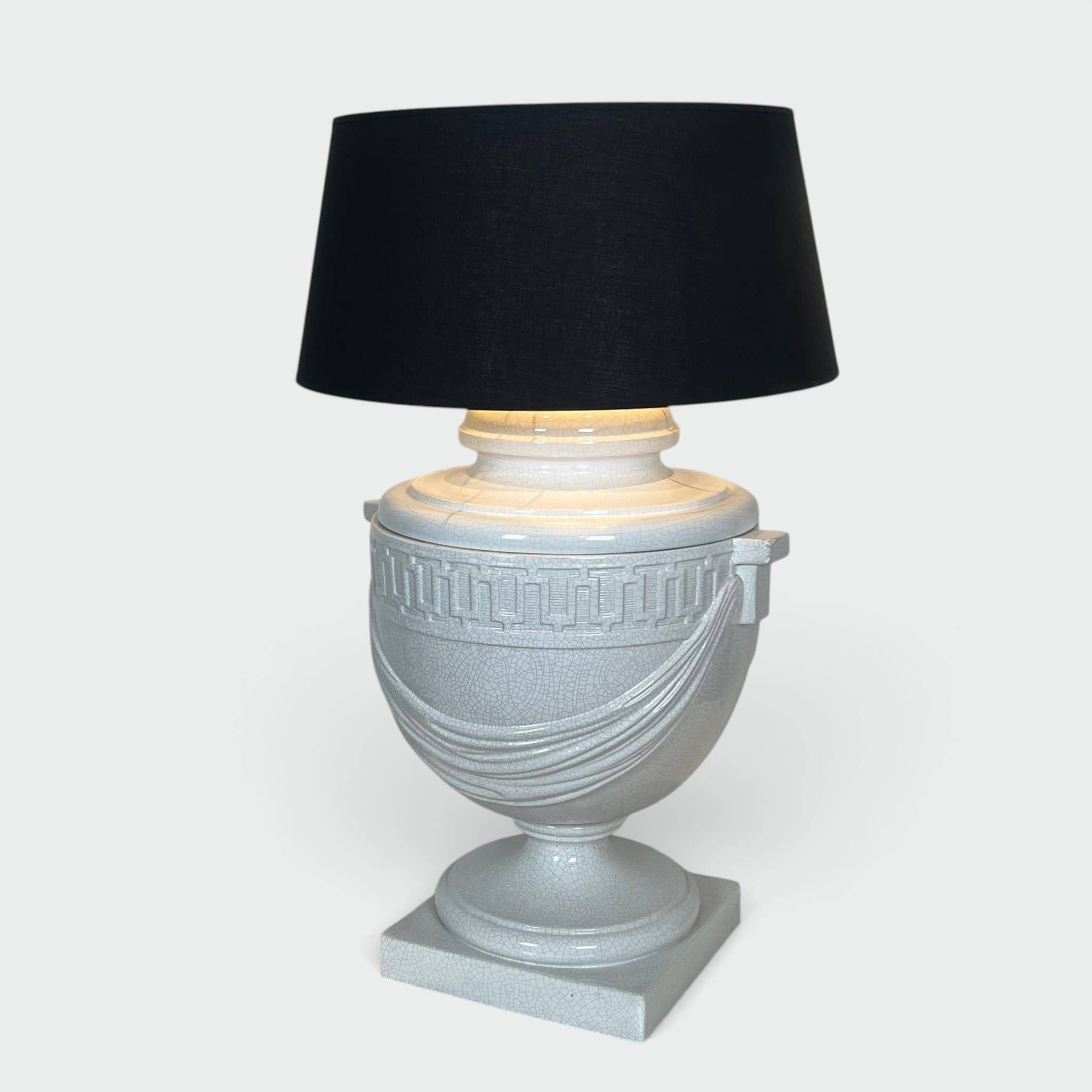 Large White Crackled Ceramic Urn Lamp with Drapery and Greek Frieze.