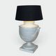 Large White Crackled Ceramic Urn Lamp with Drapery and Greek Frieze.