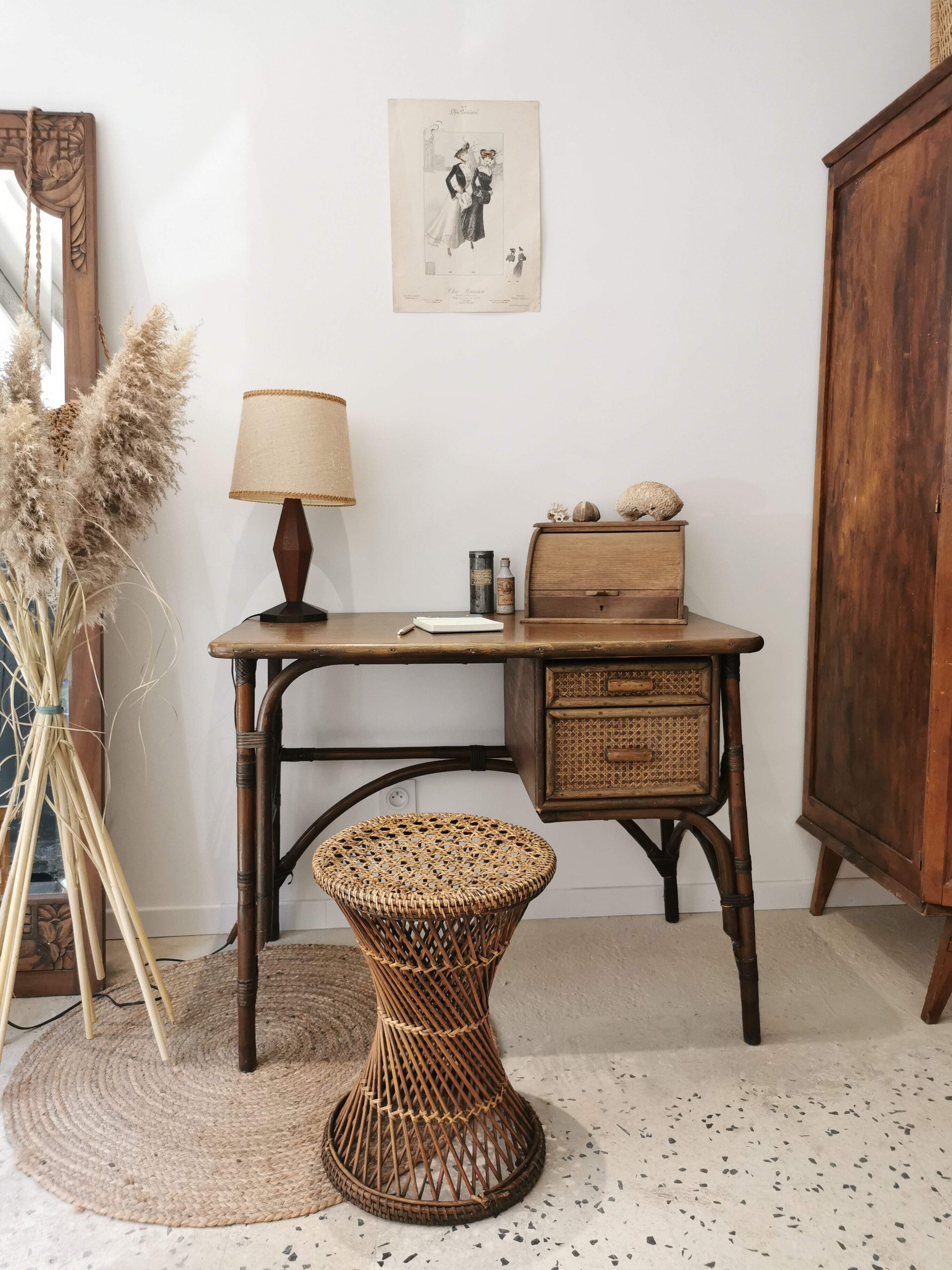 Rattan desk and vintage canning
