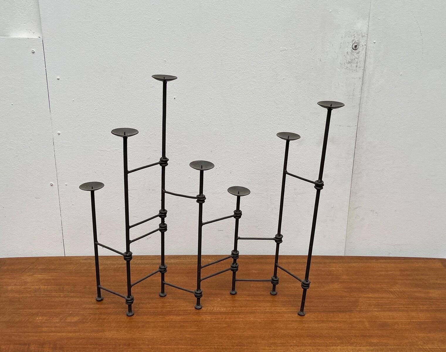 Mid-century brutalist extendable wrought iron floor chandelier, 1960s.