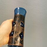 Brutalist style vase with inner blue glass mouth-blown out through the metal "frame".