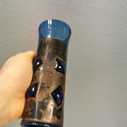 Brutalist style vase with inner blue glass mouth-blown out through the metal "frame".