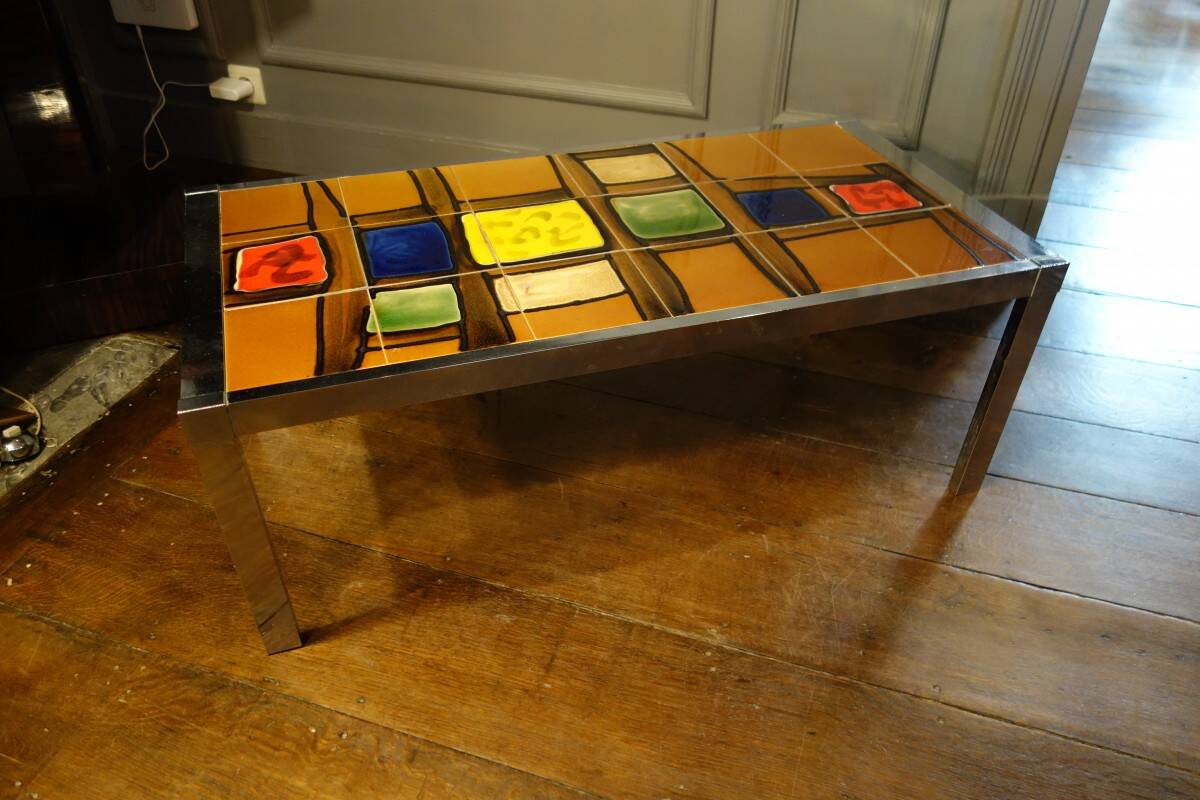 Ceramic / chrome metal coffee table Design Style Belarti, circa 1960