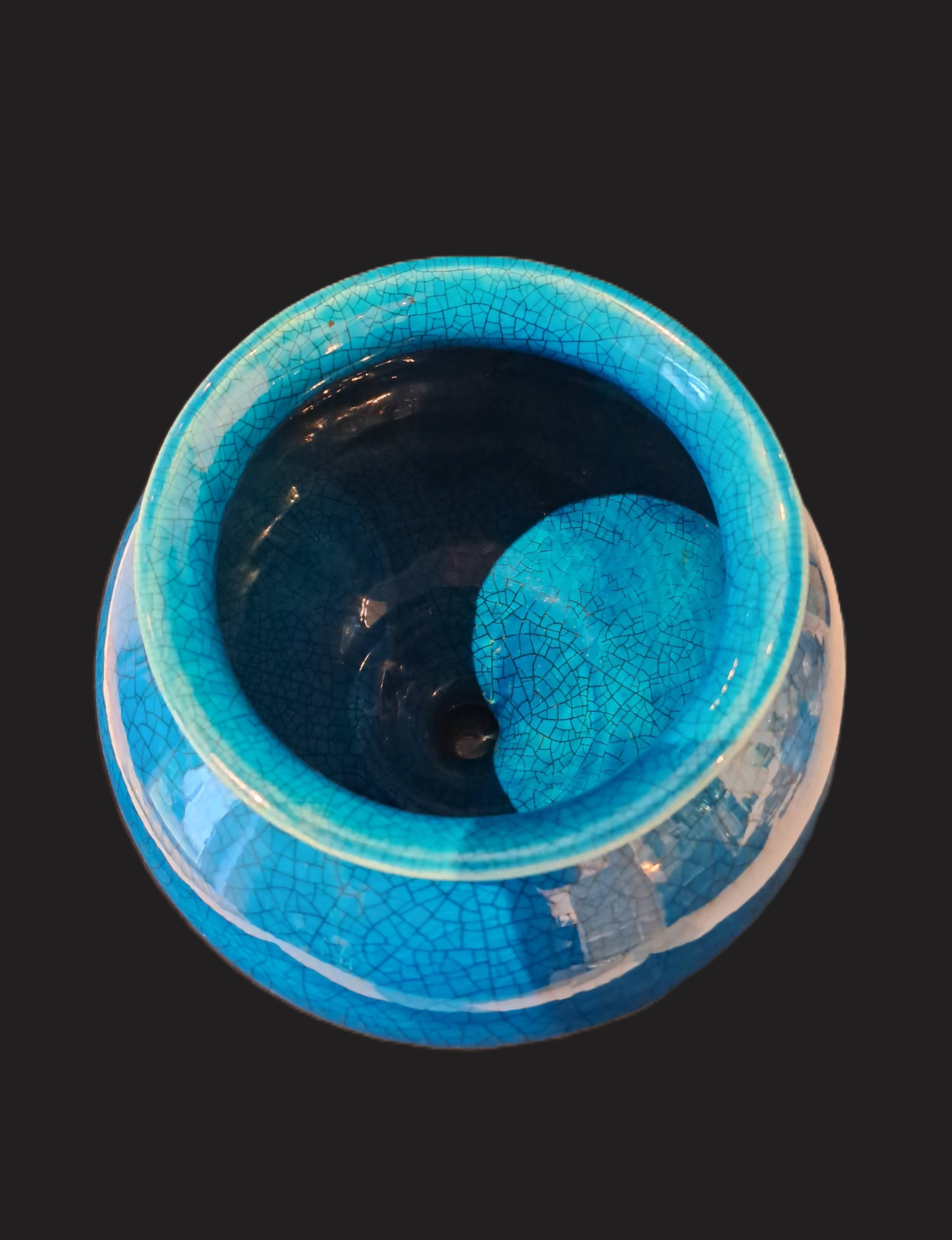 Large Turquoise Crackle Earthenware Footed Bowl Vase