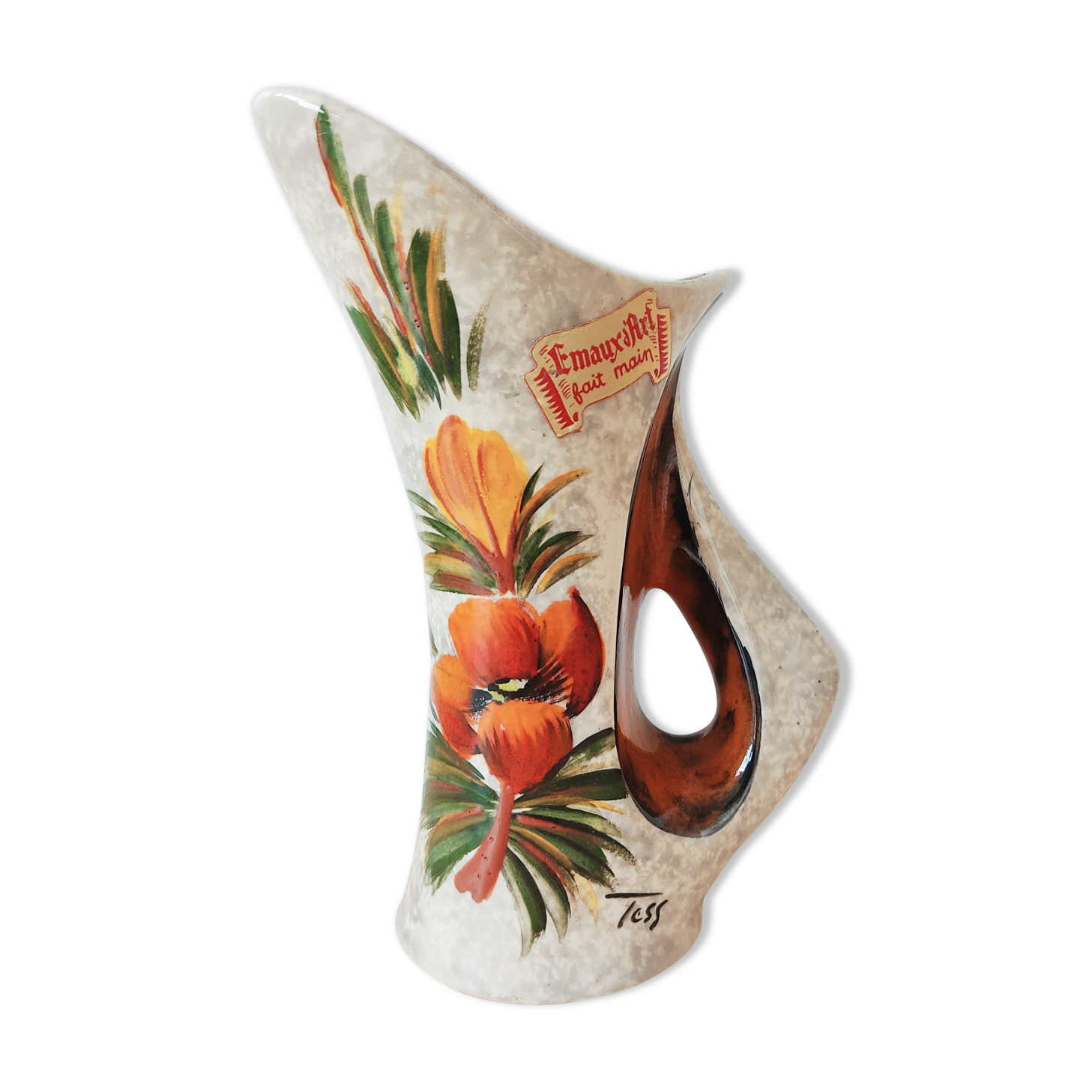 Vintage vase enamels of flowers signed Tess