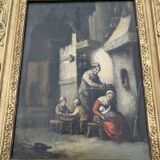 Tableau à l'huile Couple et enfants XIX avec son cadre