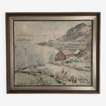 Paysage marin impressionniste vintage Huile sur toile signée E.Ollers (1888-1959) Encadrée