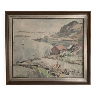 Vintage Impressionniste Paysage Marin Huile sur Toile Signée E.Ollers (1888-1959) Encadrée