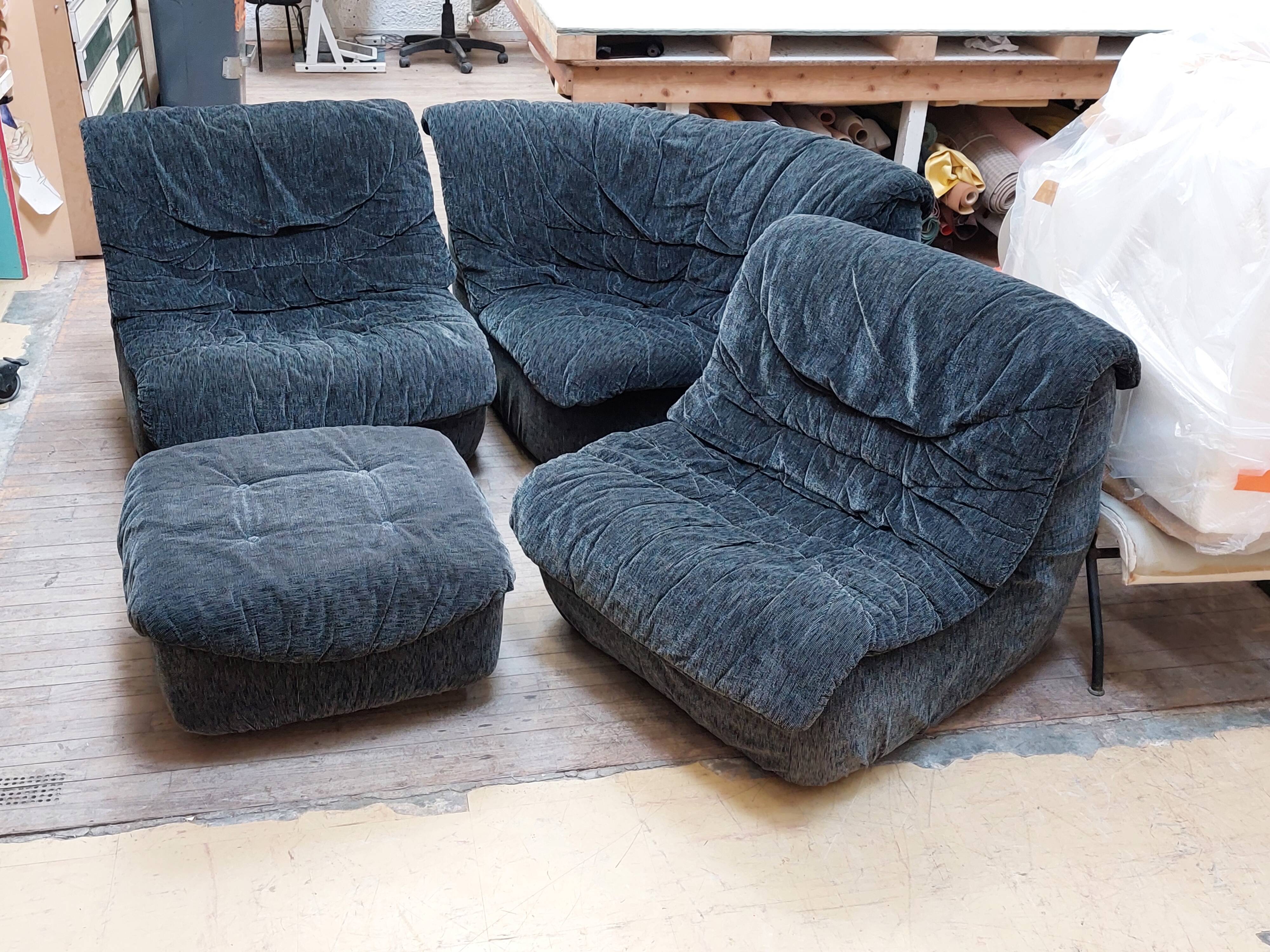 Modular corner sofa, armchairs and vintage Steiner pouf - 80s