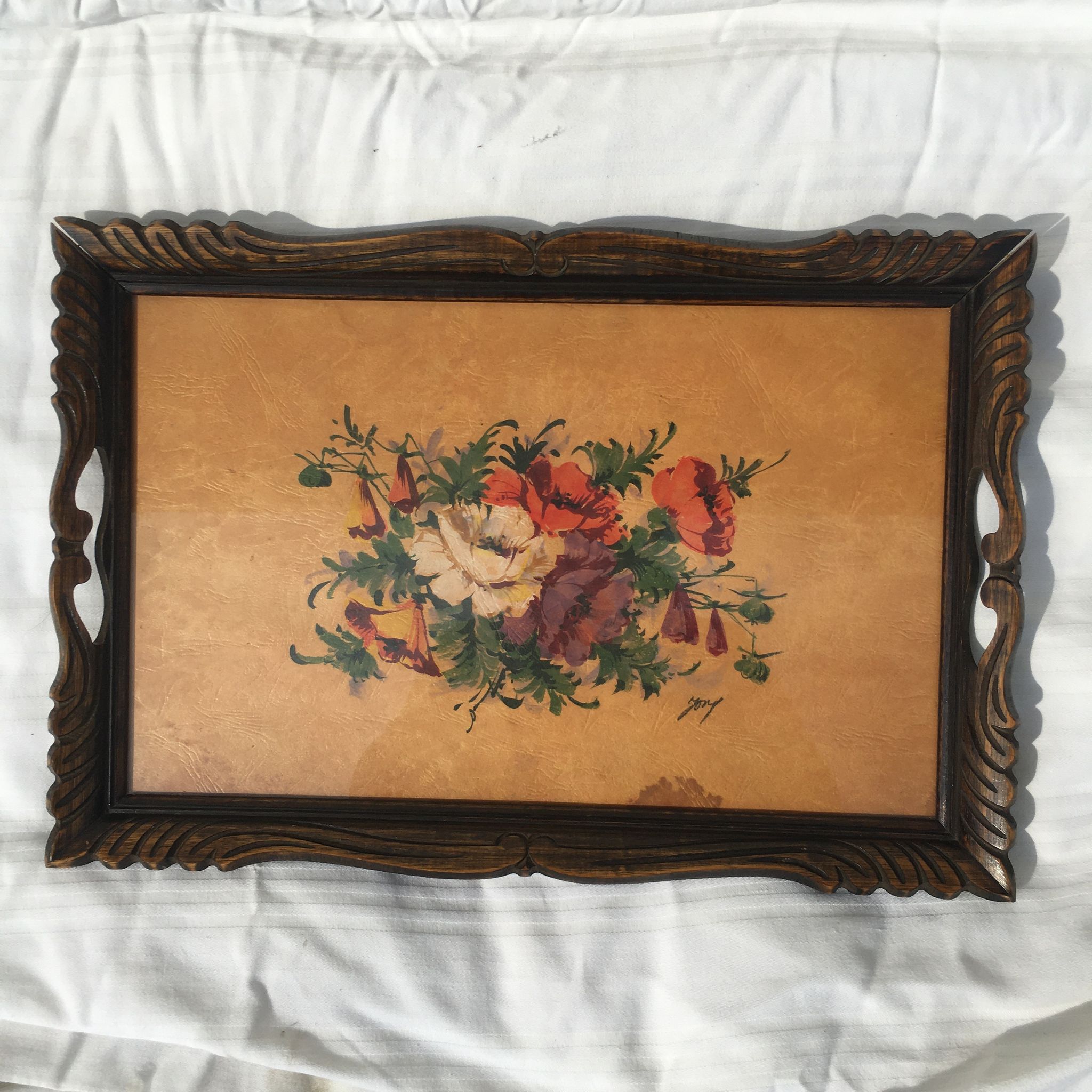 Serving tray with floral watercolor signed