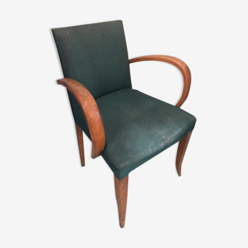 Fauteuil bridge bois et tissus vert, vintage des années 50