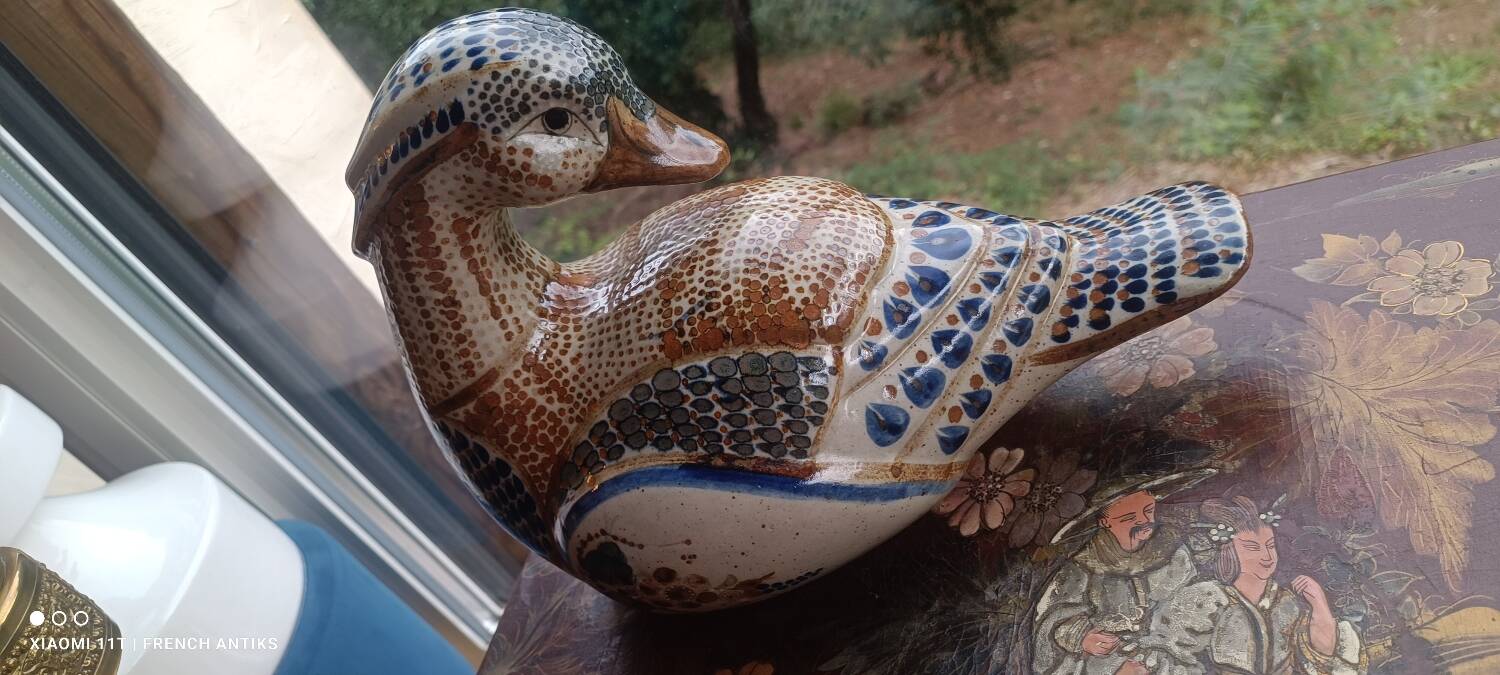 Ceramic signed duck in glazed stoneware, vintage 1960.