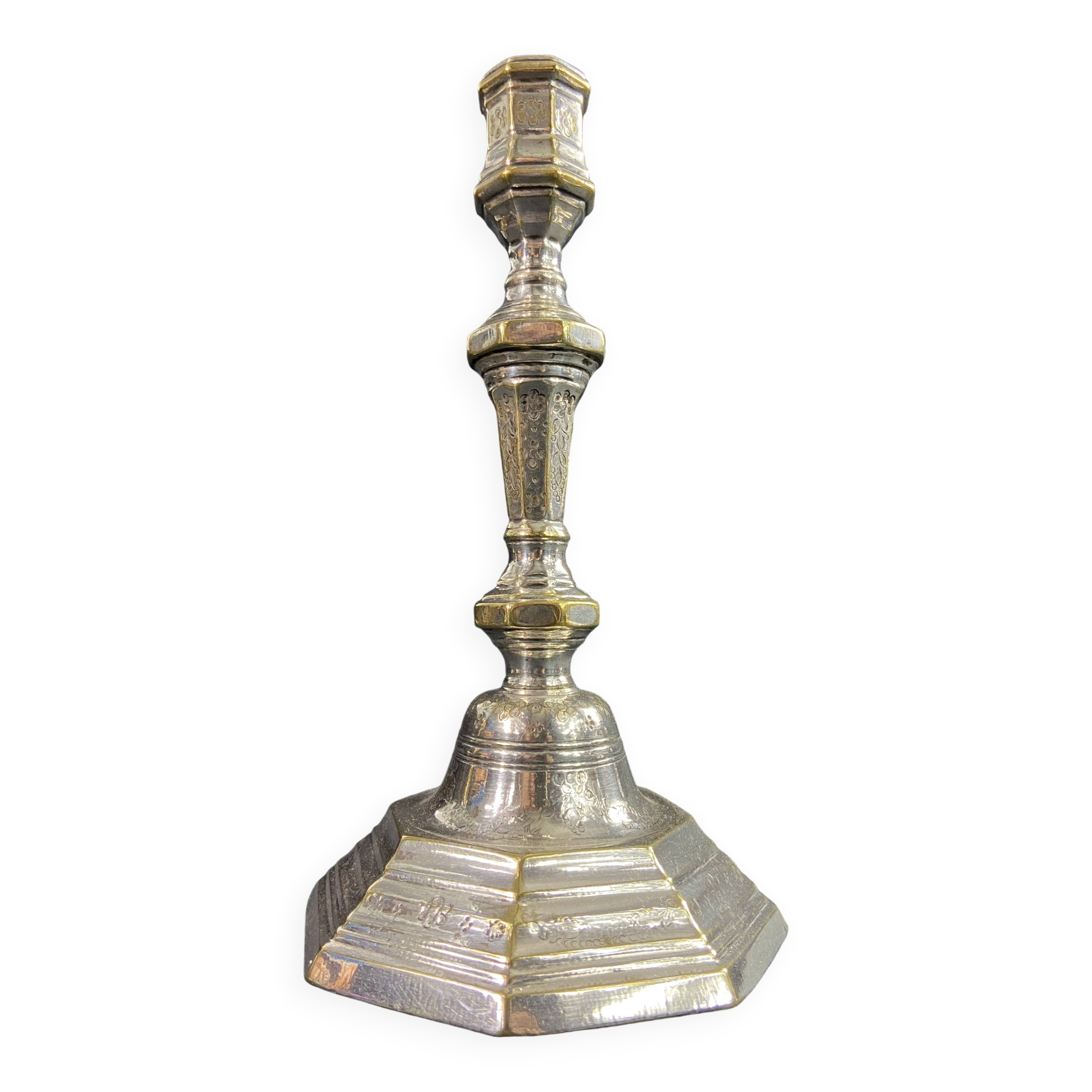 18th century Regency candlestick in silvered bronze with chiseled floral decoration