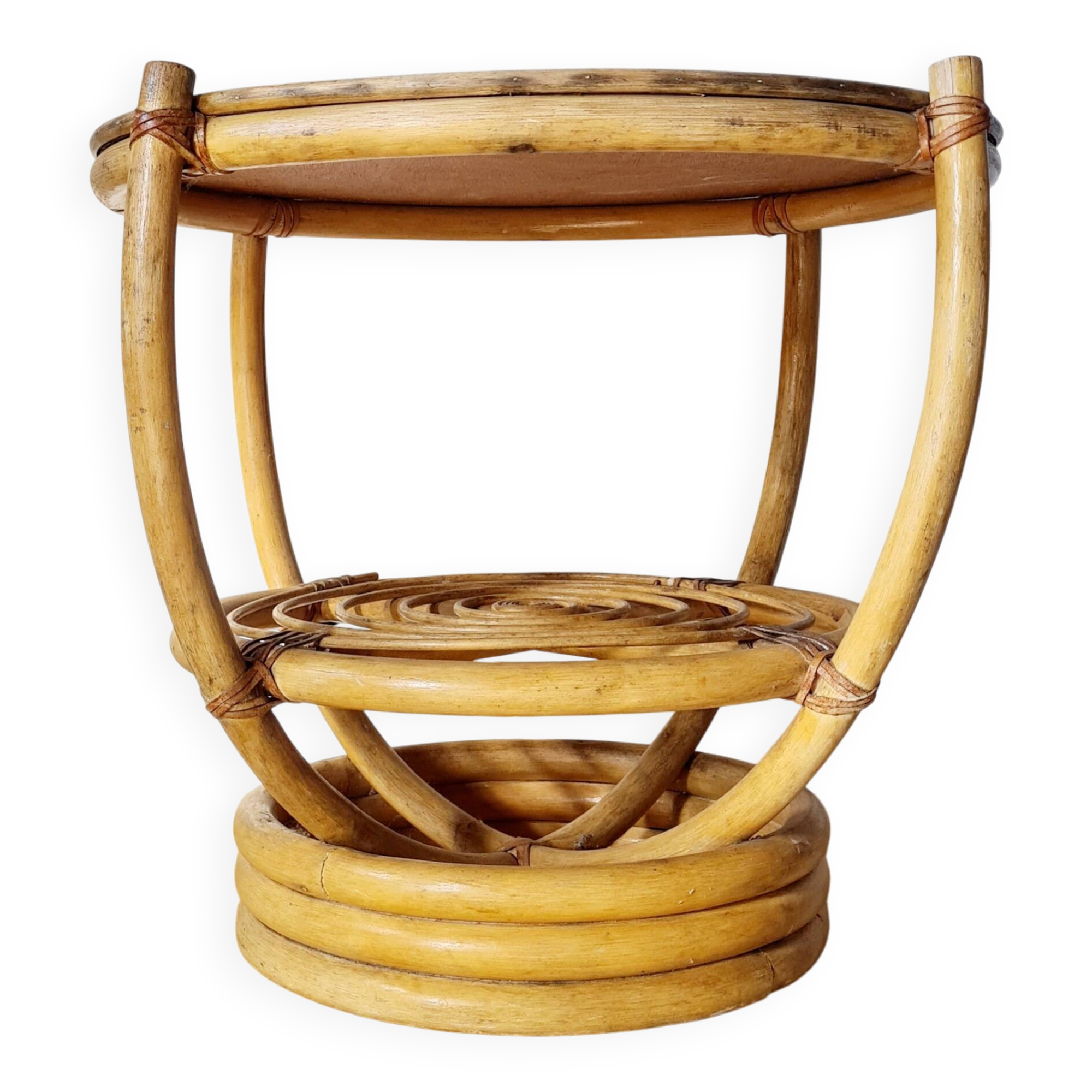 Vintage rattan side table with two round tops – 1960