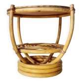 Table d'appoint vintage en rotin à deux plateaux ronds –1960