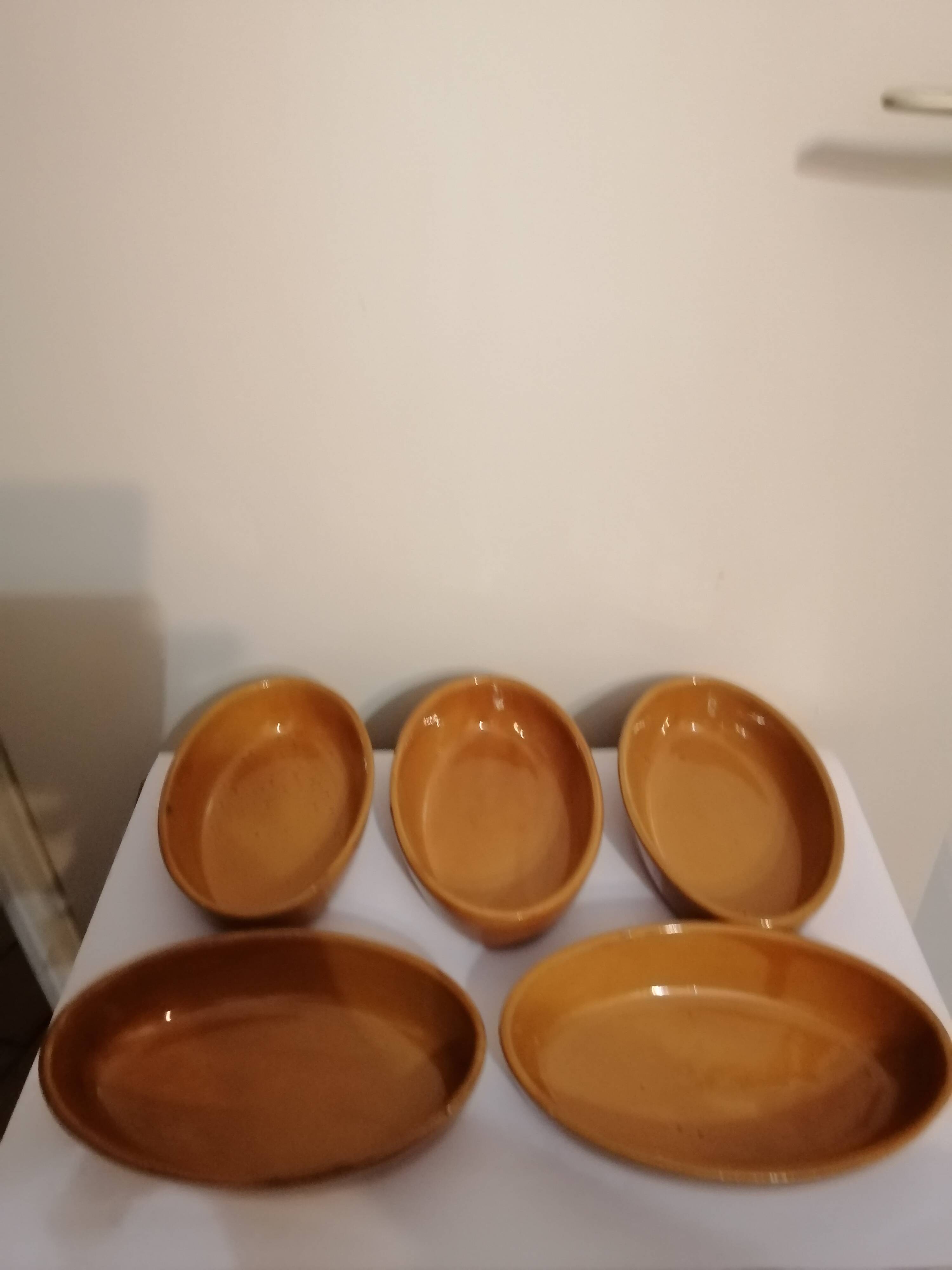 Set of 5 small old enameled terracotta dishes
