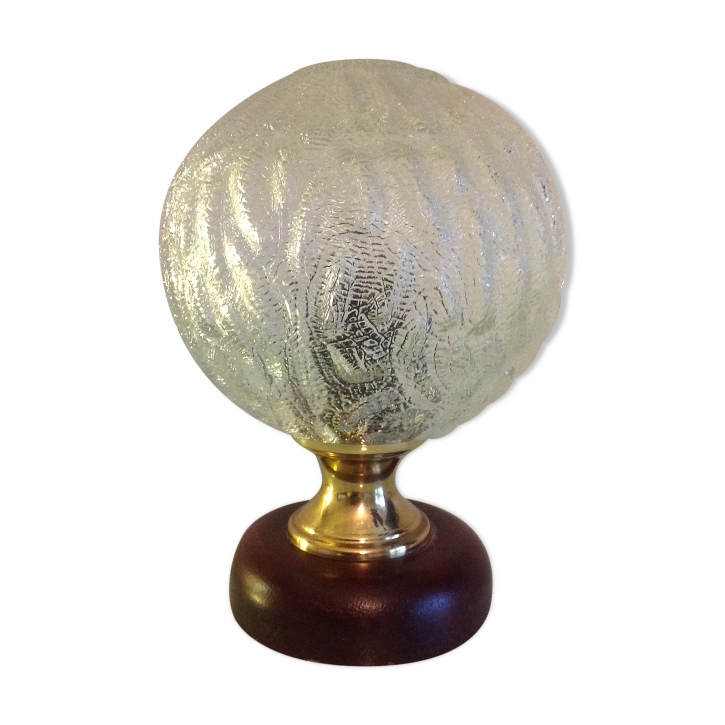 Structured glass bedside lamp and wooden foot / vintage 60s-70s