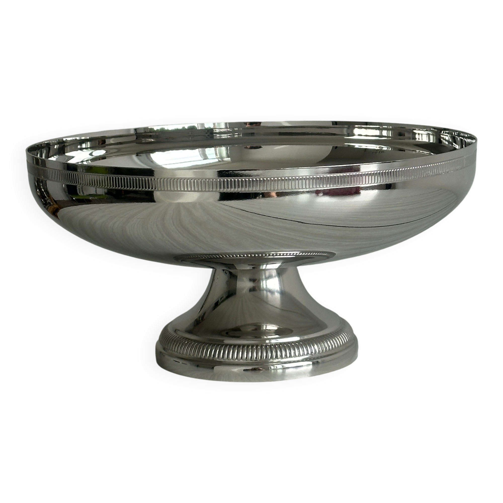 Large silver stainless steel pedestal bowl