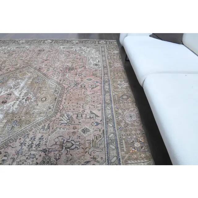 1970s Vintage Persian Handmade Wool Cotton Light Brown Area Rug 261x364