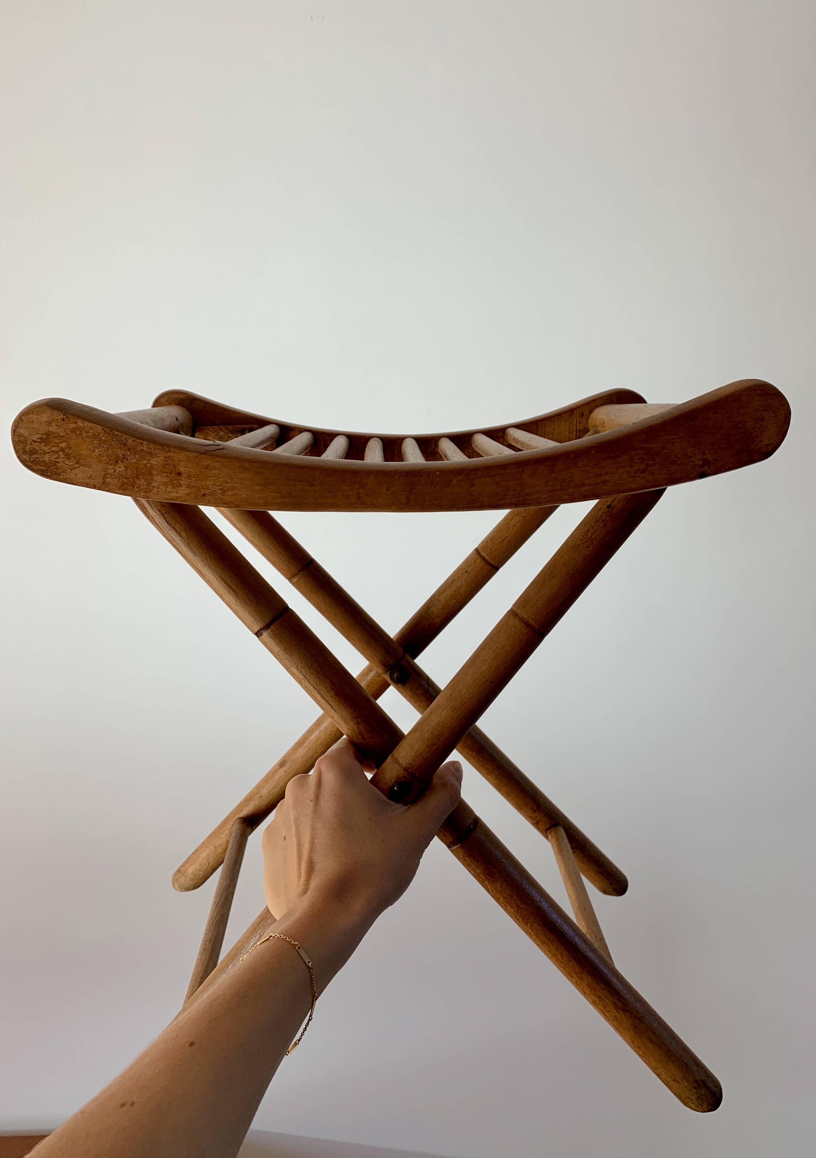 folding wooden stool bamboo style early 20th century