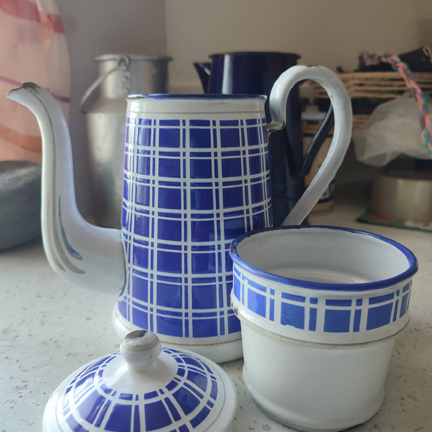 Antique BB Frères enamelled sheet metal coffee maker, Damier model