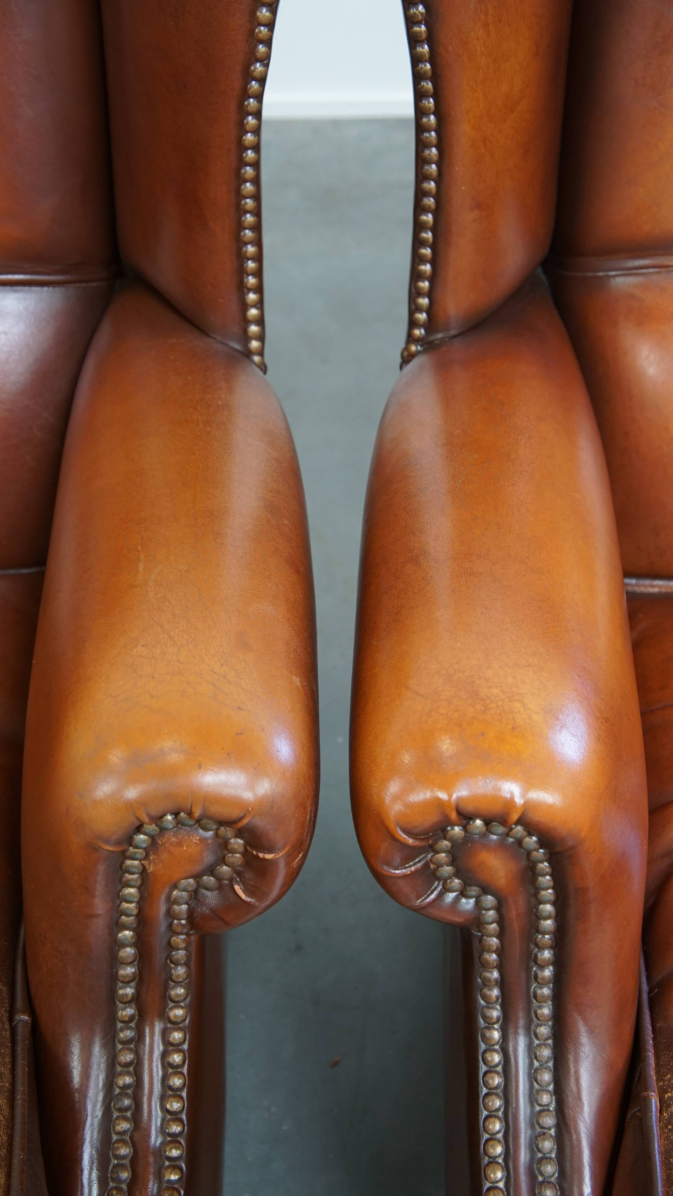 Set of 2 English style sheepskin leather wingback armchairs