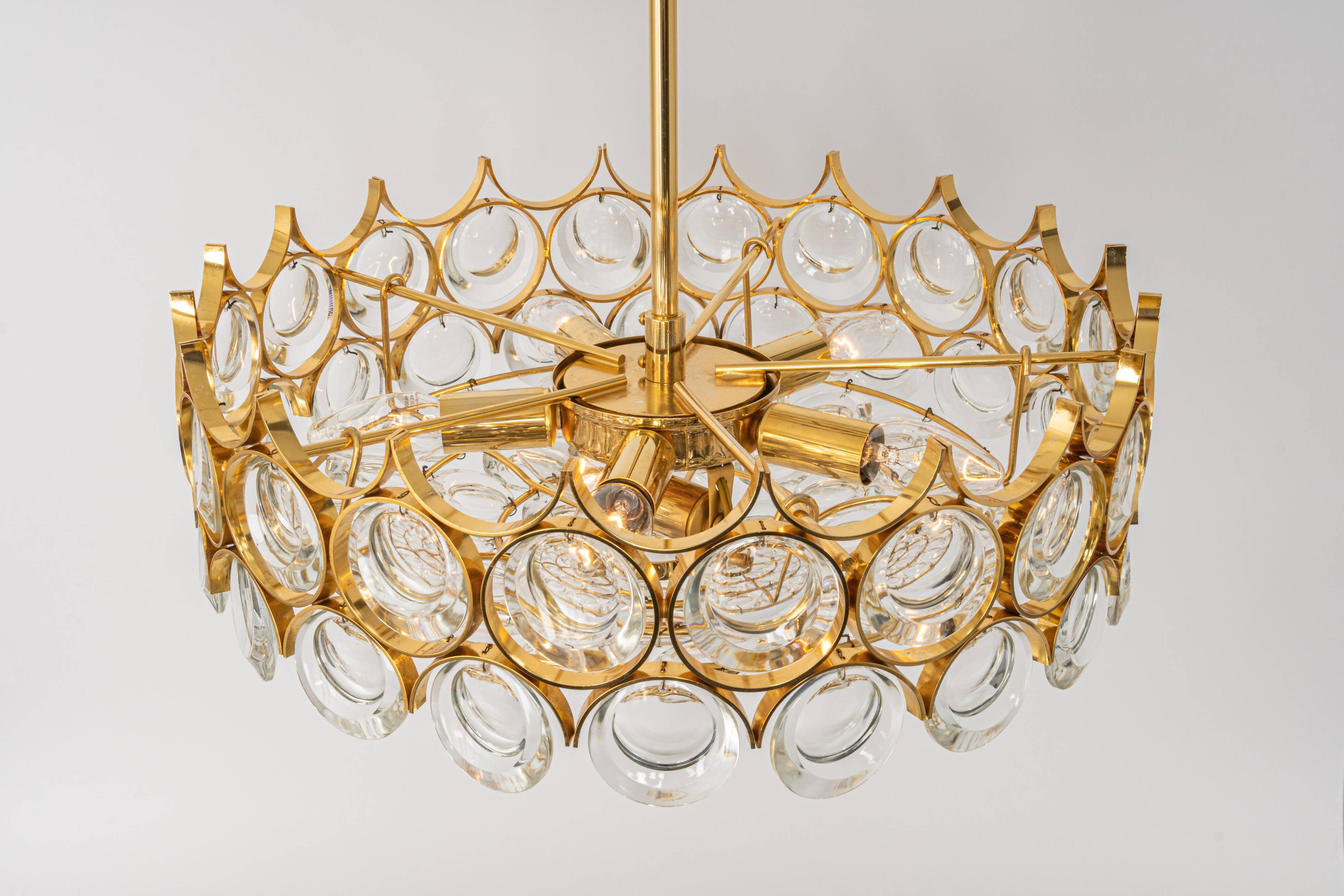 Brass and crystal chandelier designed by Sciolari for Palwa, Germany, 1970s.