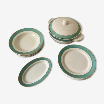 Vintage Badonviller earthenware table service - flat plates, hollows, soup pot and ravier