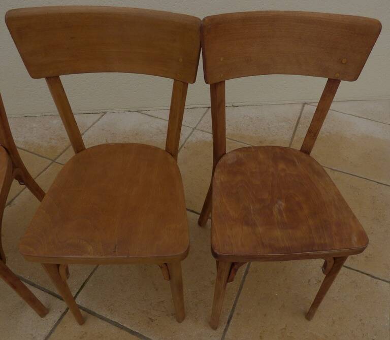 6 vintage Baumann wooden bistro chairs in their patina
