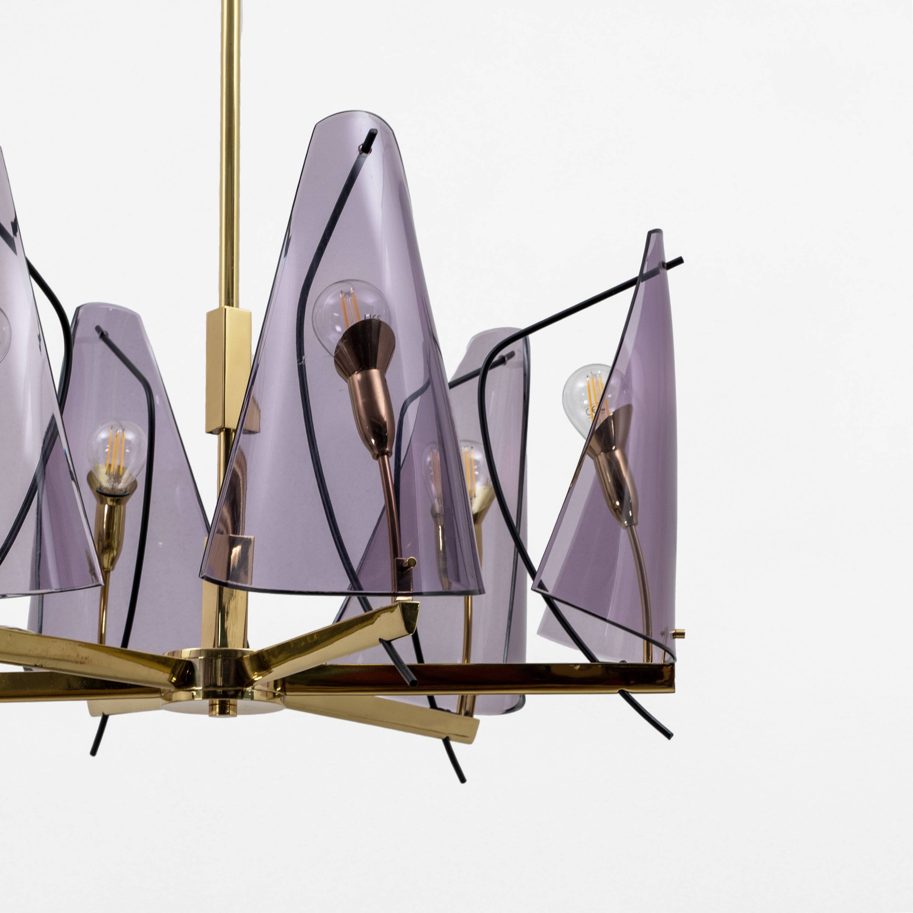 Italian Mid-Century Stilux Milano Chandelier in Brass and Purple Plexiglass