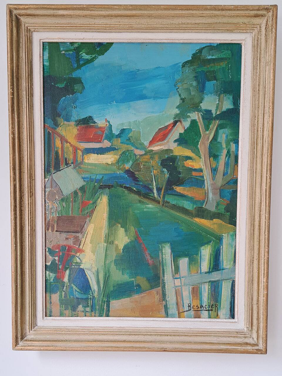 Oil painting on canvas signed Besacier — colourful village landscape